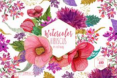 TROPICAL HIBISCUS Watercolor Floral Clipart Commercial Use Clip Art Hawaii Beach Flowers Pink &amp; Gold Metallic Wreaths Invitation Graphics Product Image 1