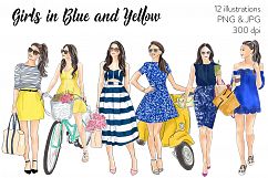 Watercolor fashion illustration - Girls in blue and yellow Product Image 1