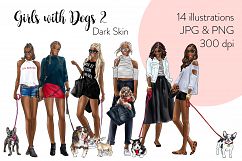 Fashion illustration clipart - Girls with Dogs 2 - Dark Skin Product Image 1