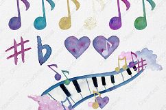 WATERCOLOR MUSIC Clipart Rainbow Music Notes &amp; Metallic Gold Treble Clef Piano Keys Fun Watercolour Paint Splash Graphics Product Image 2