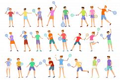 Kids playing tennis icons set, cartoon style Product Image 1