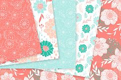 Coral and Teal Floral Vector Patterns - Red Flower Seamless Digital Papers Product Image 3