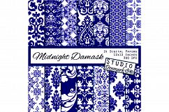Navy Damask Digital Paper - Decorative Floral Dark Midnight Product Image 1