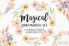 Watercolor Floral Bouquet Wreath Feather Flowers Magical Set Product Image 1