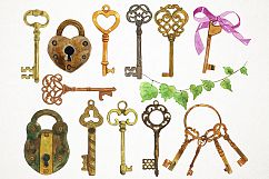 Watercolor Keys Clipart, Lock and Key, Vintage Key Product Image 2