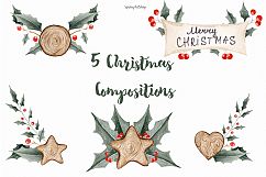 Chrismas Holly &amp; wood Winter watercolor clipart with berries Product Image 1