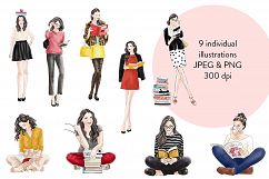 Girls with books - Watercolour fashion illustration clipart Product Image 2