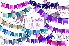 RAINBOW BUNTING BANNER Clipart Watercolor Double Tail Buntings &amp; Glitter Confetti Birthday Party Invitation Graphics Product Image 1