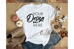 Fall Flat Lay T-shirt Mockup Bella Canvas 3001 White Ladies Product Image 1
