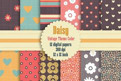 12 Daisy Flower Digital Paper in Retro Antique Theme Color Product Image 1