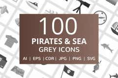 100 Pirate &amp; Sea Flat Greyscale Icons Product Image 1