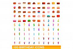 100 birthday icons set, cartoon style Product Image 1