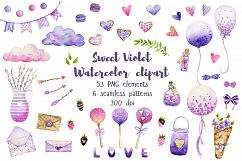 Sweet &amp; Love Violet Watercolor Clipart. Seamless Patterns Product Image 1
