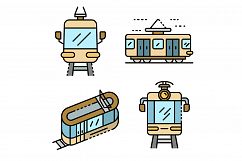 Tram car icons set line color vector Product Image 1