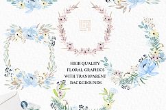Dusty blue and gold watercolour flowers Digital clipart hand drawn. Soft blue, grey and cream colors. Product Image 4