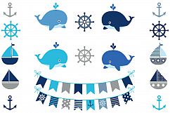 Gray nautical clipart set, Whales, boats, anchors, helms Product Image 1