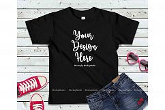 Kids Black Tshirt Mock Up Girls Teen Flat Lay Tee Display Product Image 1