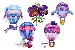 Purple balloons PNG watercolor set Product Image 1