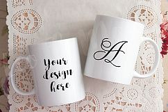Two white coffee mug mock up, valentines mug mockup, cup template, design display mugs rustic background photo PSD Product Image 1