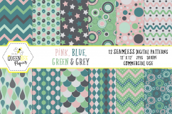 Pink, Green, Blue, Grey Seamless Digital Patterns Product Image 1