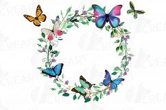 Watercolor Wreath with watercolour butterflies Clipart, Green Leaves and butterflies, Laurel Wreath, Watercolour background, Garden wedding Product Image 3