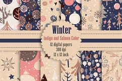 12 Winter Pattern Digital Papers in Indigo and Salmon Theme Product Image 1
