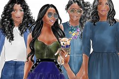 Watercolor fashion illustration clipart - Girls in Denim - Dark skin Product Image 3