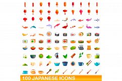 100 japanese icons set, cartoon style Product Image 1