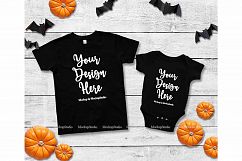 Halloween Siblings Black T-Shirt Bodysuit Mockup Flat Lay Product Image 1