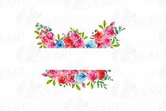 Watercolor Pink and Blue Roses and leafs clip art pack, png Product Image 12