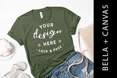 Military Green Bella Canvas 3001 T-Shirt Mockup Denim Shorts Product Image 1