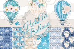 Watercolor Hot Air balloon blue beige flowers digital paper Product Image 1