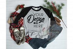 Raglan Christmas TShirt Mockup Winter Shirt Flat Lay Shirt Product Image 1