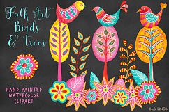 Folk Art Birds &amp; Trees Watercolor Clipart Product Image 1
