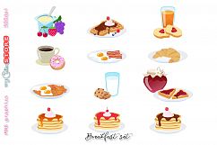 Breakfast collection clipart, yoghurt, bacon with eggs, pancakes, coffee and donuts, mourning routine png graphics planning.  Product Image 1