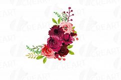 Boho Burgundy Red Watercolor clip art, floral bouquets png Product Image 10