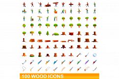 100 wood icons set, cartoon style Product Image 1