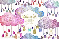 Cute Rainbow Watercolor Rain Clouds &amp; Rain Drops with Metallic Gold Glitter Confetti Baby Shower Clipart Nursery Graphics Set Product Image 1