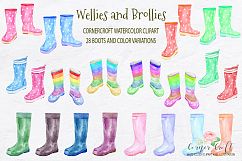 Watercolor Clipart Wellies and Brollies, Wellington Boots, Umbrellas, Clouds and Rain Drops  Product Image 4