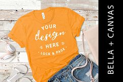 Orange Bella Canvas 3001 T Shirt Mockup Tee Shirt Flat Lay Product Image 1