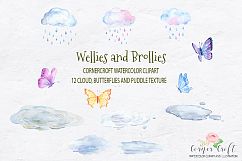 Watercolor Clipart Wellies and Brollies, Wellington Boots, Umbrellas, Clouds and Rain Drops  Product Image 5