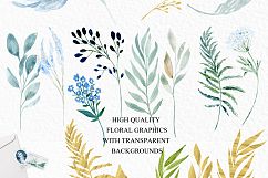 Dusty blue and gold watercolour flowers Digital clipart hand drawn. Soft blue, grey and cream colors. Product Image 3