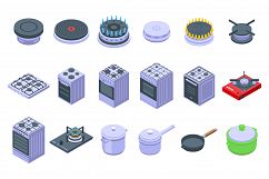 Burning gas stove icons set, isometric style Product Image 1