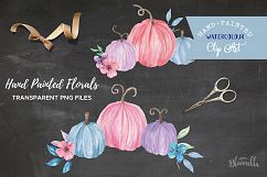 Watercolor Pretty Pumpkin Clipart Bouquets Harvest Autumn Fall Pink Purple  Product Image 5