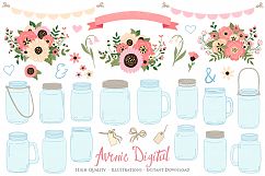 Hot Pink Mason Jar Floral Wedding Clipart Product Image 1