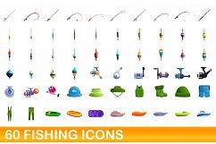 60 fishing icons set, cartoon style Product Image 1