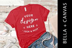 Bella Canvas 3001 Red T-Shirt Mockup Women&#039;s Flat Lay Product Image 1