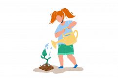 Sapling Planting And Watering Girl Child Vector Product Image 1