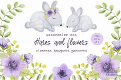 Watercolor hares and flowers Product Image 1