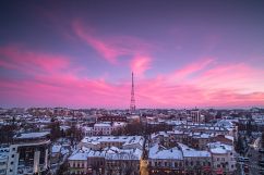 Aerial view sunset in winter town Product Image 1